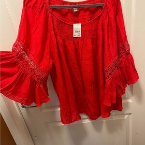 Cato Red Blouse with Lace Sleeves